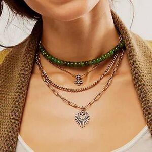 Free People Yosemite Layered Necklace - Jade Gold 🔥